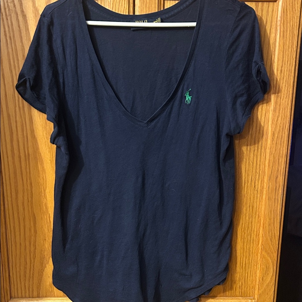Ralph Lauren Dark Blue V-Neck Tee with Green Logo